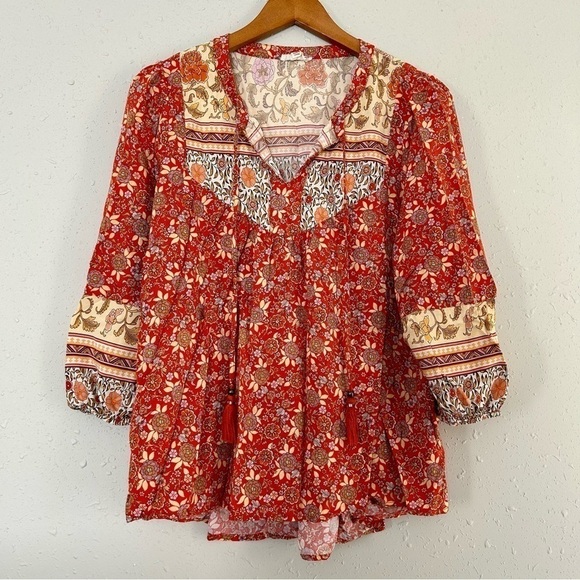 🦋 Jane and Delancey Orange Floral Mid Sleeve Peasant Blouse Boho Large - Picture 1 of 7